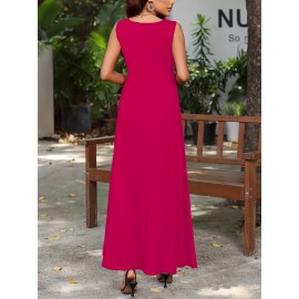 Long Sleeveless Maxi Fit and Flare Tank Dress - Soft High Elasticity Polyester Fabric, Crew Neck, Solid Color, Casual Everyday Wear for Women - All-Season Comfortable Knit Fabric Clothing