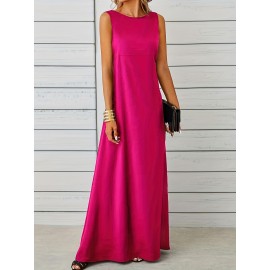 Long Sleeveless Maxi Fit and Flare Tank Dress - Soft High Elasticity Polyester Fabric, Crew Neck, Solid Color, Casual Everyday Wear for Women - All-Season Comfortable Knit Fabric Clothing