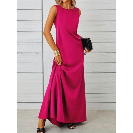 Long Sleeveless Maxi Fit and Flare Tank Dress - Soft High Elasticity Polyester Fabric, Crew Neck, Solid Color, Casual Everyday Wear for Women - All-Season Comfortable Knit Fabric Clothing