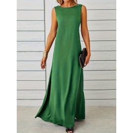 Long Sleeveless Maxi Fit and Flare Tank Dress - Soft High Elasticity Polyester Fabric, Crew Neck, Solid Color, Casual Everyday Wear for Women - All-Season Comfortable Knit Fabric Clothing