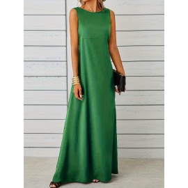 Long Sleeveless Maxi Fit and Flare Tank Dress - Soft High Elasticity Polyester Fabric, Crew Neck, Solid Color, Casual Everyday Wear for Women - All-Season Comfortable Knit Fabric Clothing