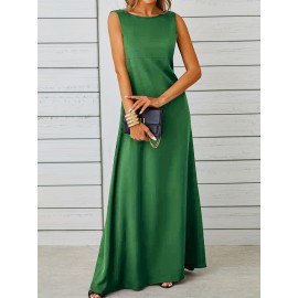 Long Sleeveless Maxi Fit and Flare Tank Dress - Soft High Elasticity Polyester Fabric, Crew Neck, Solid Color, Casual Everyday Wear for Women - All-Season Comfortable Knit Fabric Clothing