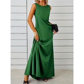 Long Sleeveless Maxi Fit and Flare Tank Dress - Soft High Elasticity Polyester Fabric, Crew Neck, Solid Color, Casual Everyday Wear for Women - All-Season Comfortable Knit Fabric Clothing