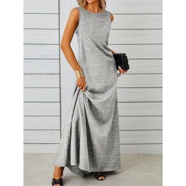 Long Sleeveless Maxi Fit and Flare Tank Dress - Soft High Elasticity Polyester Fabric, Crew Neck, Solid Color, Casual Everyday Wear for Women - All-Season Comfortable Knit Fabric Clothing