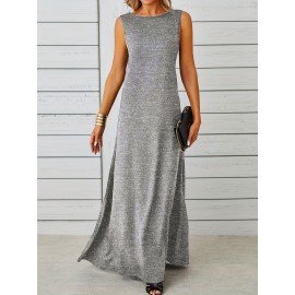 Long Sleeveless Maxi Fit and Flare Tank Dress - Soft High Elasticity Polyester Fabric, Crew Neck, Solid Color, Casual Everyday Wear for Women - All-Season Comfortable Knit Fabric Clothing