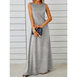 Long Sleeveless Maxi Fit and Flare Tank Dress - Soft High Elasticity Polyester Fabric, Crew Neck, Solid Color, Casual Everyday Wear for Women - All-Season Comfortable Knit Fabric Clothing