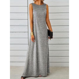 Long Sleeveless Maxi Fit and Flare Tank Dress - Soft High Elasticity Polyester Fabric, Crew Neck, Solid Color, Casual Everyday Wear for Women - All-Season Comfortable Knit Fabric Clothing