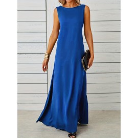 Long Sleeveless Maxi Fit and Flare Tank Dress - Soft High Elasticity Polyester Fabric, Crew Neck, Solid Color, Casual Everyday Wear for Women - All-Season Comfortable Knit Fabric Clothing