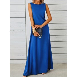 Long Sleeveless Maxi Fit and Flare Tank Dress - Soft High Elasticity Polyester Fabric, Crew Neck, Solid Color, Casual Everyday Wear for Women - All-Season Comfortable Knit Fabric Clothing