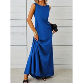 Long Sleeveless Maxi Fit and Flare Tank Dress - Soft High Elasticity Polyester Fabric, Crew Neck, Solid Color, Casual Everyday Wear for Women - All-Season Comfortable Knit Fabric Clothing