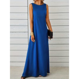 Long Sleeveless Maxi Fit and Flare Tank Dress - Soft High Elasticity Polyester Fabric, Crew Neck, Solid Color, Casual Everyday Wear for Women - All-Season Comfortable Knit Fabric Clothing