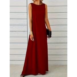 Long Sleeveless Maxi Fit and Flare Tank Dress - Soft High Elasticity Polyester Fabric, Crew Neck, Solid Color, Casual Everyday Wear for Women - All-Season Comfortable Knit Fabric Clothing