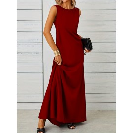Long Sleeveless Maxi Fit and Flare Tank Dress - Soft High Elasticity Polyester Fabric, Crew Neck, Solid Color, Casual Everyday Wear for Women - All-Season Comfortable Knit Fabric Clothing