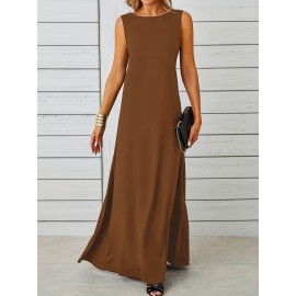Long Sleeveless Maxi Fit and Flare Tank Dress - Soft High Elasticity Polyester Fabric, Crew Neck, Solid Color, Casual Everyday Wear for Women - All-Season Comfortable Knit Fabric Clothing