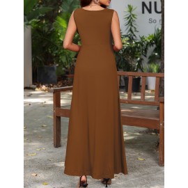 Long Sleeveless Maxi Fit and Flare Tank Dress - Soft High Elasticity Polyester Fabric, Crew Neck, Solid Color, Casual Everyday Wear for Women - All-Season Comfortable Knit Fabric Clothing