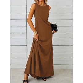 Long Sleeveless Maxi Fit and Flare Tank Dress - Soft High Elasticity Polyester Fabric, Crew Neck, Solid Color, Casual Everyday Wear for Women - All-Season Comfortable Knit Fabric Clothing