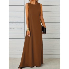 Long Sleeveless Maxi Fit and Flare Tank Dress - Soft High Elasticity Polyester Fabric, Crew Neck, Solid Color, Casual Everyday Wear for Women - All-Season Comfortable Knit Fabric Clothing