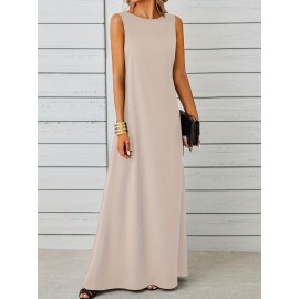 Long Sleeveless Maxi Fit and Flare Tank Dress - Soft High Elasticity Polyester Fabric, Crew Neck, Solid Color, Casual Everyday Wear for Women - All-Season Comfortable Knit Fabric Clothing