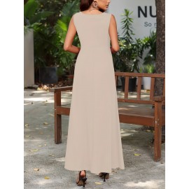 Long Sleeveless Maxi Fit and Flare Tank Dress - Soft High Elasticity Polyester Fabric, Crew Neck, Solid Color, Casual Everyday Wear for Women - All-Season Comfortable Knit Fabric Clothing