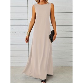 Long Sleeveless Maxi Fit and Flare Tank Dress - Soft High Elasticity Polyester Fabric, Crew Neck, Solid Color, Casual Everyday Wear for Women - All-Season Comfortable Knit Fabric Clothing