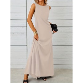 Long Sleeveless Maxi Fit and Flare Tank Dress - Soft High Elasticity Polyester Fabric, Crew Neck, Solid Color, Casual Everyday Wear for Women - All-Season Comfortable Knit Fabric Clothing