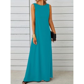 Long Sleeveless Maxi Fit and Flare Tank Dress - Soft High Elasticity Polyester Fabric, Crew Neck, Solid Color, Casual Everyday Wear for Women - All-Season Comfortable Knit Fabric Clothing