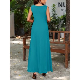 Long Sleeveless Maxi Fit and Flare Tank Dress - Soft High Elasticity Polyester Fabric, Crew Neck, Solid Color, Casual Everyday Wear for Women - All-Season Comfortable Knit Fabric Clothing