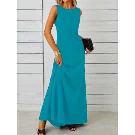 Long Sleeveless Maxi Fit and Flare Tank Dress - Soft High Elasticity Polyester Fabric, Crew Neck, Solid Color, Casual Everyday Wear for Women - All-Season Comfortable Knit Fabric Clothing