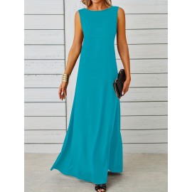 Long Sleeveless Maxi Fit and Flare Tank Dress - Soft High Elasticity Polyester Fabric, Crew Neck, Solid Color, Casual Everyday Wear for Women - All-Season Comfortable Knit Fabric Clothing