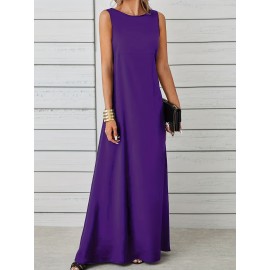 Long Sleeveless Maxi Fit and Flare Tank Dress - Soft High Elasticity Polyester Fabric, Crew Neck, Solid Color, Casual Everyday Wear for Women - All-Season Comfortable Knit Fabric Clothing