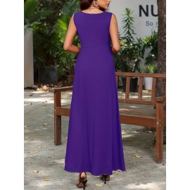 Long Sleeveless Maxi Fit and Flare Tank Dress - Soft High Elasticity Polyester Fabric, Crew Neck, Solid Color, Casual Everyday Wear for Women - All-Season Comfortable Knit Fabric Clothing