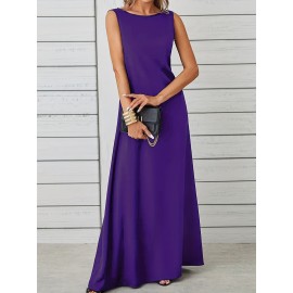 Long Sleeveless Maxi Fit and Flare Tank Dress - Soft High Elasticity Polyester Fabric, Crew Neck, Solid Color, Casual Everyday Wear for Women - All-Season Comfortable Knit Fabric Clothing