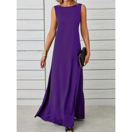 Long Sleeveless Maxi Fit and Flare Tank Dress - Soft High Elasticity Polyester Fabric, Crew Neck, Solid Color, Casual Everyday Wear for Women - All-Season Comfortable Knit Fabric Clothing