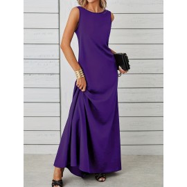 Long Sleeveless Maxi Fit and Flare Tank Dress - Soft High Elasticity Polyester Fabric, Crew Neck, Solid Color, Casual Everyday Wear for Women - All-Season Comfortable Knit Fabric Clothing