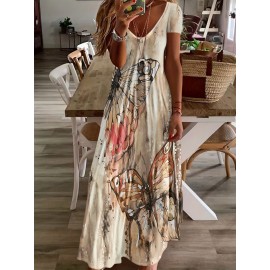 Butterfly Print V-Neck Casual Dress - Lightweight & Feminine for Spring & Summer - Short Sleeve, Comfortable Fit - Trendy Womens Clothing for Warm Weather