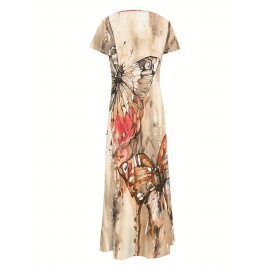 Butterfly Print V-Neck Casual Dress - Lightweight & Feminine for Spring & Summer - Short Sleeve, Comfortable Fit - Trendy Womens Clothing for Warm Weather