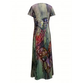 Butterfly Print V-Neck Casual Dress - Lightweight & Feminine for Spring & Summer - Short Sleeve, Comfortable Fit - Trendy Womens Clothing for Warm Weather
