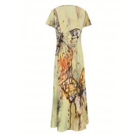 Butterfly Print V-Neck Casual Dress - Lightweight & Feminine for Spring & Summer - Short Sleeve, Comfortable Fit - Trendy Womens Clothing for Warm Weather