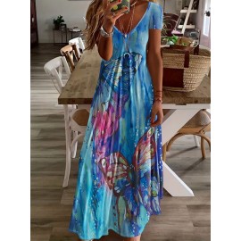 Butterfly Print V-Neck Casual Dress - Lightweight & Feminine for Spring & Summer - Short Sleeve, Comfortable Fit - Trendy Womens Clothing for Warm Weather
