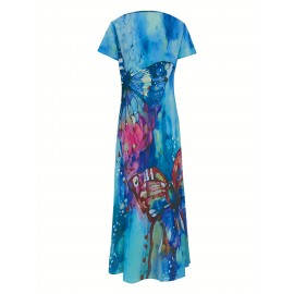 Butterfly Print V-Neck Casual Dress - Lightweight & Feminine for Spring & Summer - Short Sleeve, Comfortable Fit - Trendy Womens Clothing for Warm Weather