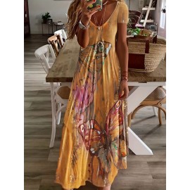 Butterfly Print V-Neck Casual Dress - Lightweight & Feminine for Spring & Summer - Short Sleeve, Comfortable Fit - Trendy Womens Clothing for Warm Weather