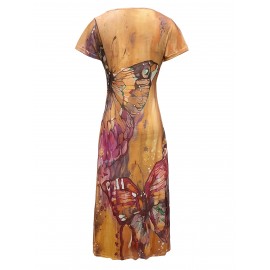 Butterfly Print V-Neck Casual Dress - Lightweight & Feminine for Spring & Summer - Short Sleeve, Comfortable Fit - Trendy Womens Clothing for Warm Weather