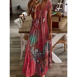 Butterfly Print V-Neck Casual Dress - Lightweight & Feminine for Spring & Summer - Short Sleeve, Comfortable Fit - Trendy Womens Clothing for Warm Weather