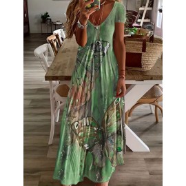 Butterfly Print V-Neck Casual Dress - Lightweight & Feminine for Spring & Summer - Short Sleeve, Comfortable Fit - Trendy Womens Clothing for Warm Weather