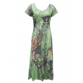 Butterfly Print V-Neck Casual Dress - Lightweight & Feminine for Spring & Summer - Short Sleeve, Comfortable Fit - Trendy Womens Clothing for Warm Weather