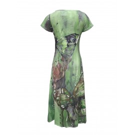 Butterfly Print V-Neck Casual Dress - Lightweight & Feminine for Spring & Summer - Short Sleeve, Comfortable Fit - Trendy Womens Clothing for Warm Weather