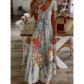 Butterfly Print V-Neck Casual Dress - Lightweight & Feminine for Spring & Summer - Short Sleeve, Comfortable Fit - Trendy Womens Clothing for Warm Weather