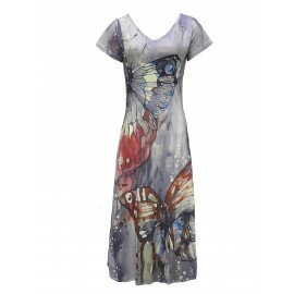 Butterfly Print V-Neck Casual Dress - Lightweight & Feminine for Spring & Summer - Short Sleeve, Comfortable Fit - Trendy Womens Clothing for Warm Weather