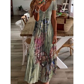 Butterfly Print V-Neck Casual Dress - Lightweight & Feminine for Spring & Summer - Short Sleeve, Comfortable Fit - Trendy Womens Clothing for Warm Weather
