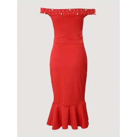 Sexy Off the Shoulder Solid Color Tunic Dress - Elastic Micro Stretchy Fabric, Ruffle Hem Beading Trim, Split Details, Middle East Style Party Bodycon Dress for Women - Summer Polyester Knit Fabric Clothing